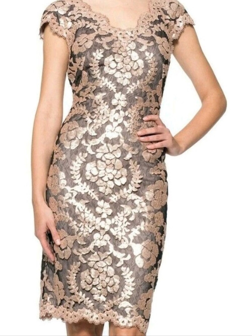 Tadashi Shoji Rose Gold & Charcoal Floral Lace Sheath Dress